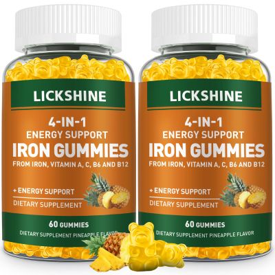 2 Pack Vegan 100MG Iron Supplement Gummies for Women & Men - with Vitamin C, A, B for Adults & Kids - Energy Support for Iron Deficiency, Anemia - Pineapple Flavor (120 Ct)