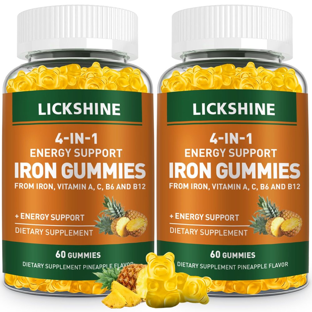 2 Pack Vegan 100MG Iron Supplement Gummies for Women & Men - with Vitamin C, A, B for Adults & Kids - Energy Support for Iron Deficiency, Anemia - Pineapple Flavor (120 Ct)