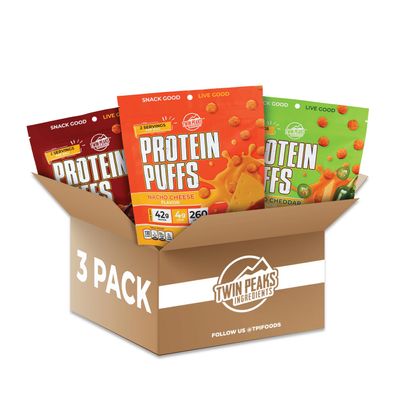 Twin Peaks Ingredients Low Carb, Keto Friendly Protein Puffs, (Variety Pack, 2.1 Ounce), 2 Servings, 3 Pack (60g, 42g Protein, 4g Carbs)