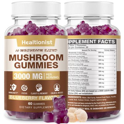 3000MG Mushroom Complex Gummies 10 Blend - Lion's Mane Gummies for Adults, Cordyceps, Shiitake, Reishi, Chaga, - Brain, Immune Support & Stress Relief, Energy, Mushroom Supplement for Men & Women 60ct