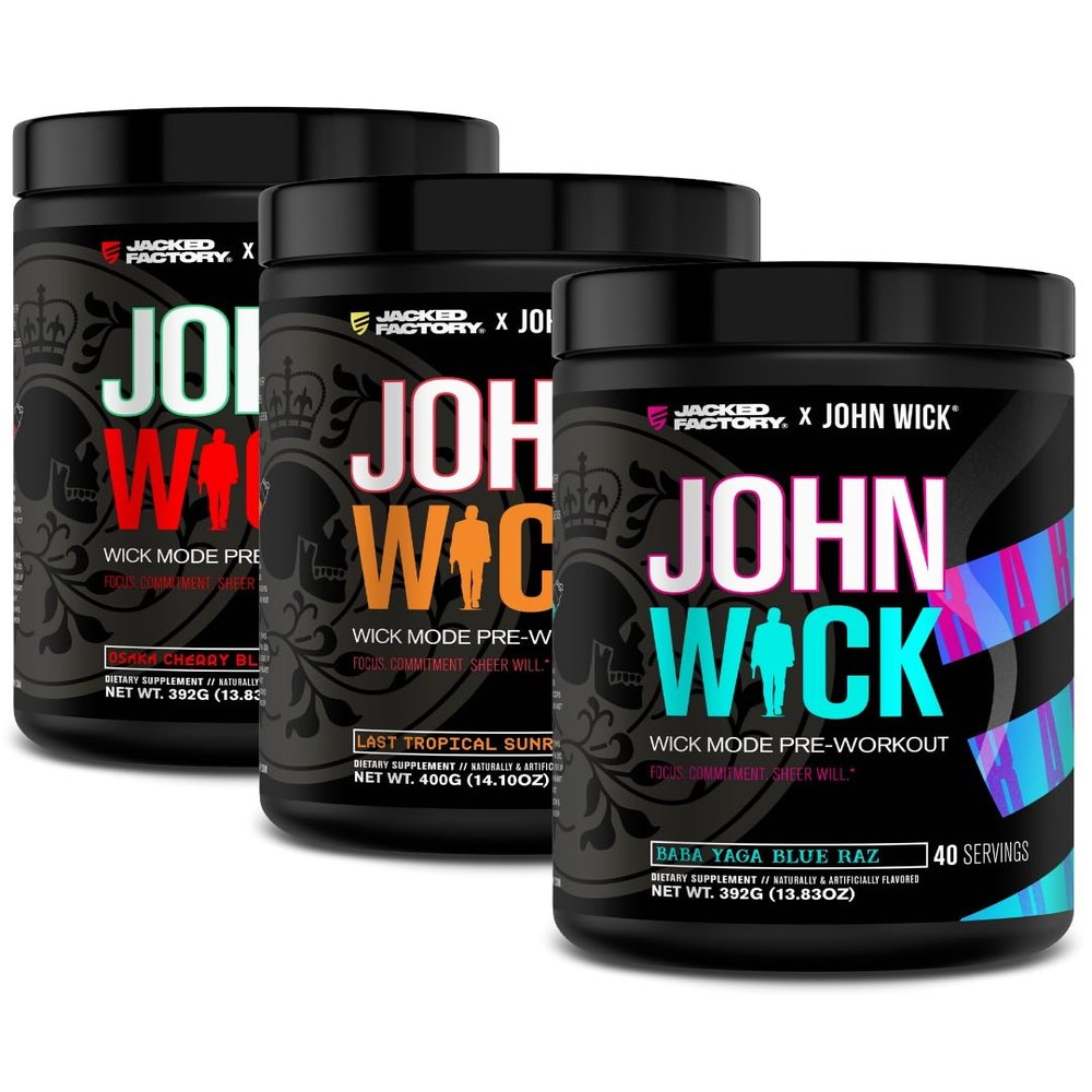 Jacked Factory X John Wick - Wick Mode Pre Workout Powder - Intense Energy, Battle-Ready Focus, Unstoppable Commitment, and Sheer Will - 120 Servings (3-Pack)