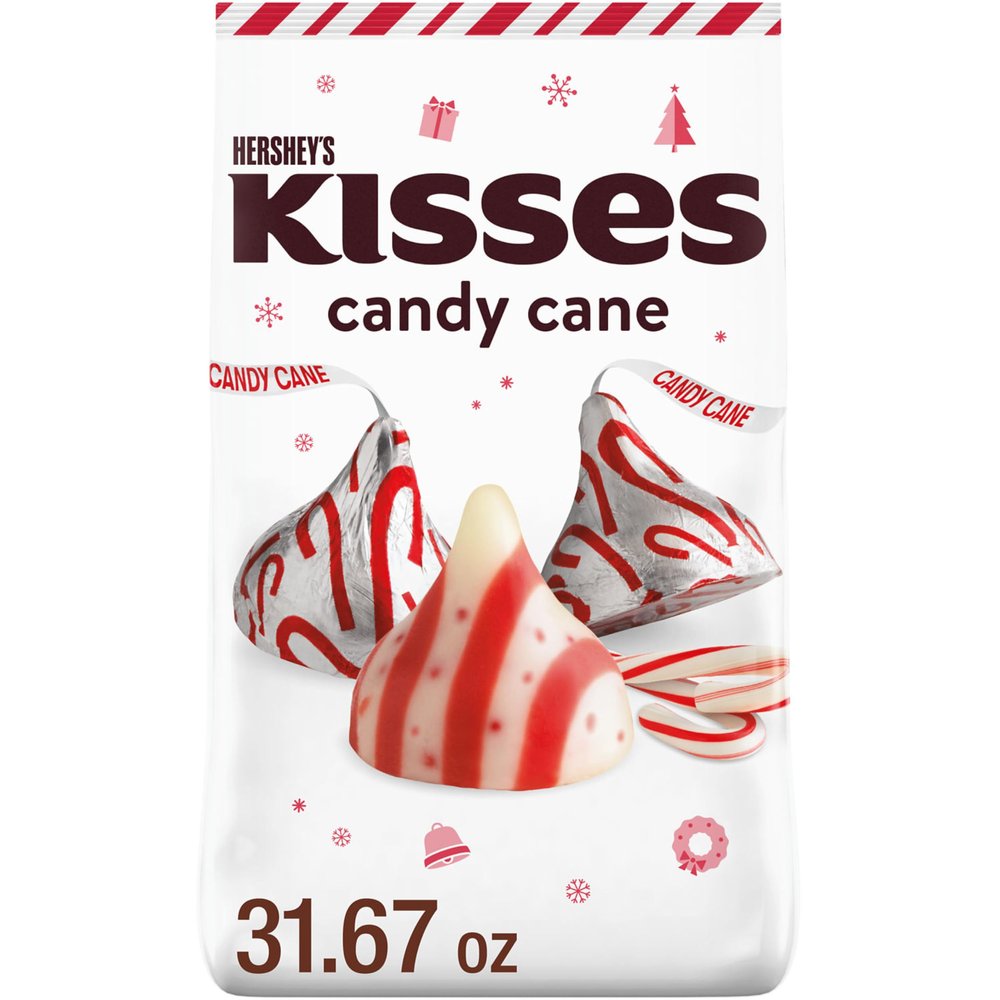 HERSHEY'S KISSES Candy Cane Flavored, Christmas Candy Bulk Bag, 31.67 oz