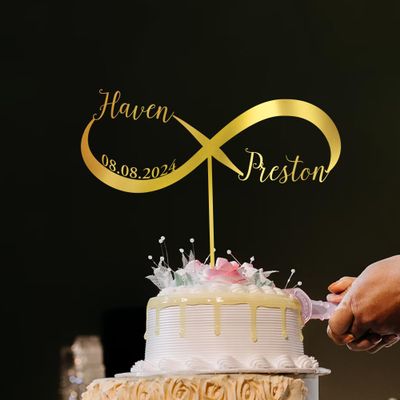 GiftGlee Personalized Wedding Cake Toppers Your Own Anniversary Infinity Symbol With Couple Name Cake Topper, Gold Cake Topper, Personalized Wedding Infinity Symbol With Date cake toppers, Style 5