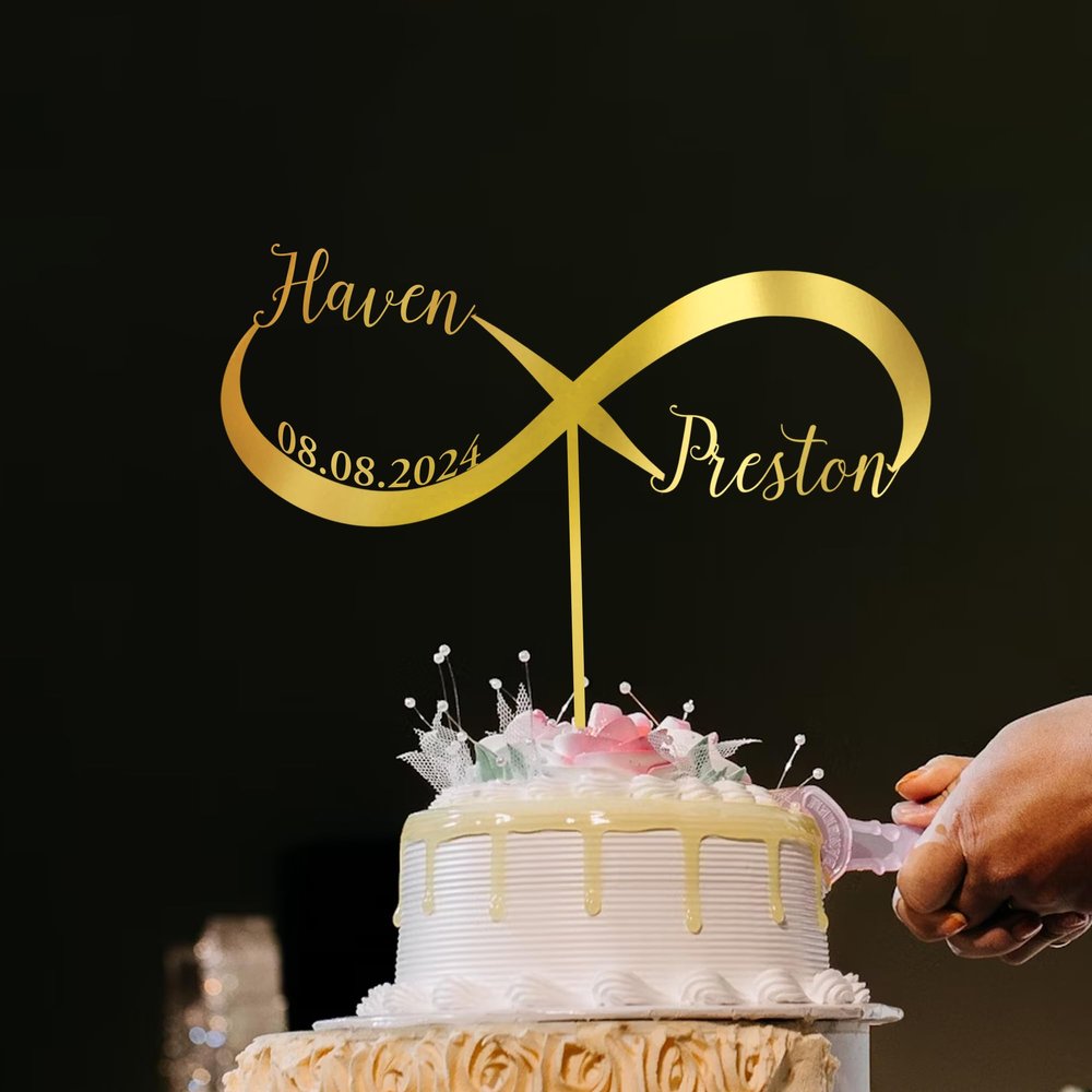GiftGlee Personalized Wedding Cake Toppers Your Own Anniversary Infinity Symbol With Couple Name Cake Topper, Gold Cake Topper, Personalized Wedding Infinity Symbol With Date cake toppers, Style 5