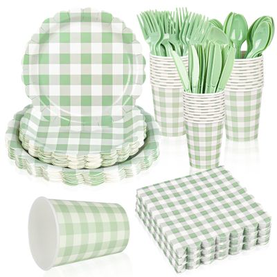 175Pcs Gingham Party Supplies for 25 Guests Scalloped Plates and Napkins set Green and White Paper Plates Disposable Plaid Cocktail Napkin Checkered Dinner Party Set Cutlery for Baby Shower Wedding