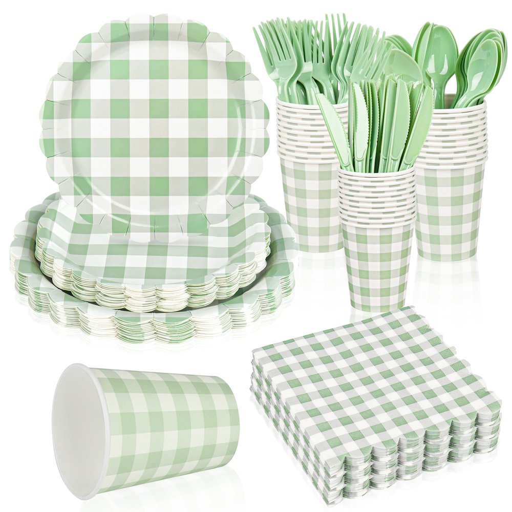 175Pcs Gingham Party Supplies for 25 Guests Scalloped Plates and Napkins set Green and White Paper Plates Disposable Plaid Cocktail Napkin Checkered Dinner Party Set Cutlery for Baby Shower Wedding