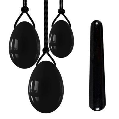 KAKAYE 4PCS Natural Black Obsidian Yoni Egg Set Massage Wand Women Exerciser Jade Eggs Body Massager Crystal Kegel Balls(Drilled Set No Box)