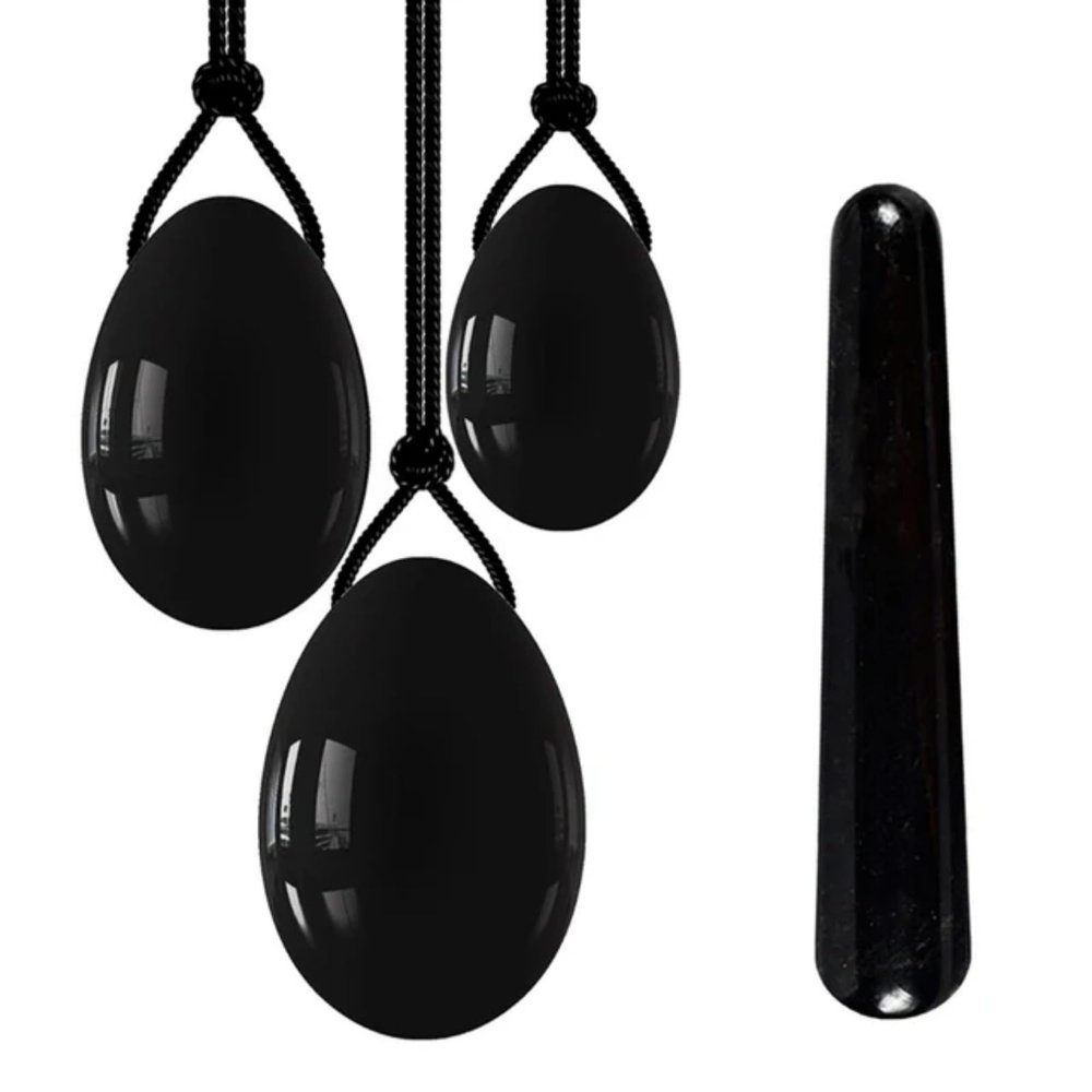 KAKAYE 4PCS Natural Black Obsidian Yoni Egg Set Massage Wand Women Exerciser Jade Eggs Body Massager Crystal Kegel Balls(Drilled Set No Box)