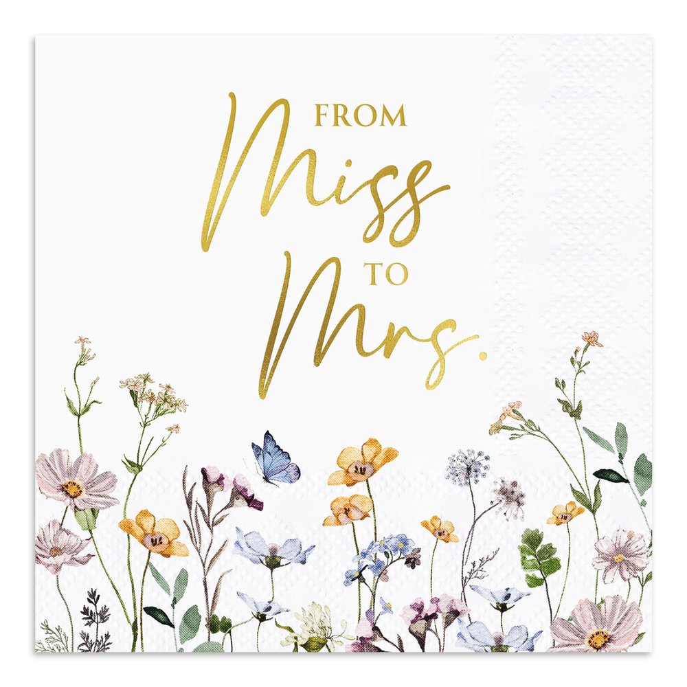 Audree 50 Pack Gold Foil Floral Miss to Mrs Napkins 3-Ply (5x5") - Wildflower Bridal Shower Decorations - Paper Napkins for Wedding, Engagement, and Bridal Shower Party