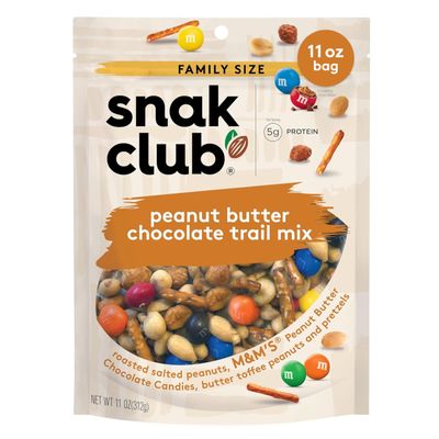 Snak Club Peanut Butter Chocolate Trail Mix with Peanuts, Peanut Butter M&MS, Toffee Peanuts, and Pretzels, 11 oz Resealable Bag