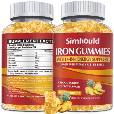 1 Pack Vegan 80MG Iron Supplement Gummies for Women & Men - Vitamin A, C, B for Adults & Kids - Blood & Builder & Energy Support for Iron Deficiency, Anemia - 60 Counts Pineapple Flavor Gummies