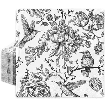 80Pcs Flower Birds Paper Napkins White Black Floral Disposable Luncheon Napkins Vintage Decorative Dinner Napkin for Home Party Table Decor