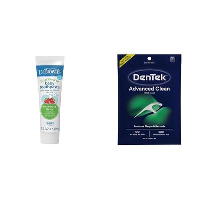 Dr. Brown's Fluoride-Free Baby Toothpaste Strawberry 1 Pack & DenTek Triple Clean Advanced Clean Mint Floss Picks 150 Count