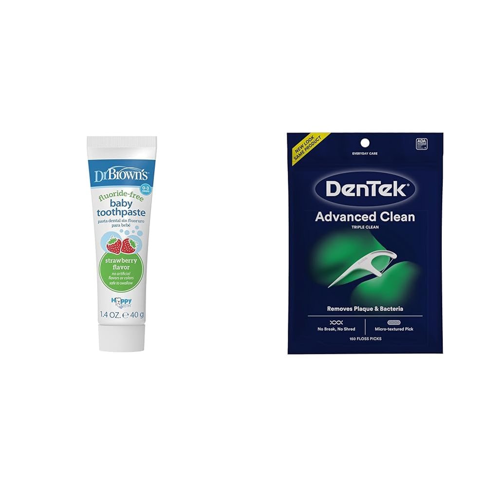 Dr. Brown's Fluoride-Free Baby Toothpaste Strawberry 1 Pack & DenTek Triple Clean Advanced Clean Mint Floss Picks 150 Count