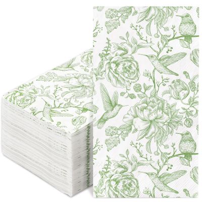 80Pcs Green Floral Birds Paper Guest Napkins Flower Bathroom Napkins Vintage Disposable Hand Towel Napkin for Home Holiday Party Supplies