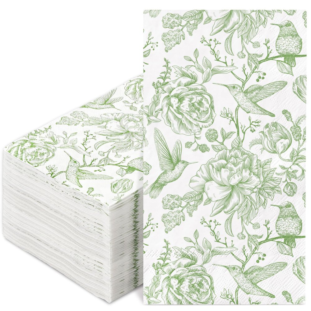 80Pcs Green Floral Birds Paper Guest Napkins Flower Bathroom Napkins Vintage Disposable Hand Towel Napkin for Home Holiday Party Supplies