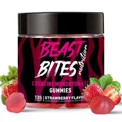 BEAST BITES Nutrition Creatine Monohydrate Gummies for Men & Women - 5g of Creatine Monohydrate per Serving - Sugar Free,Vegan, Strawberry Flavor, 135 Count (45 Servings).