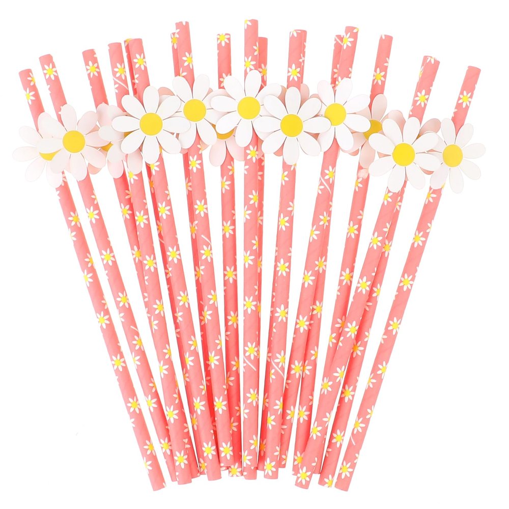 30 Pcs Daisy Paper Straws Disposable Daisy Party Decorations Exquisite Flower Straws Fashionable Daisy Paper Straws Daisy Party Favors for Girls Birthday Wedding Bridal Shower Party