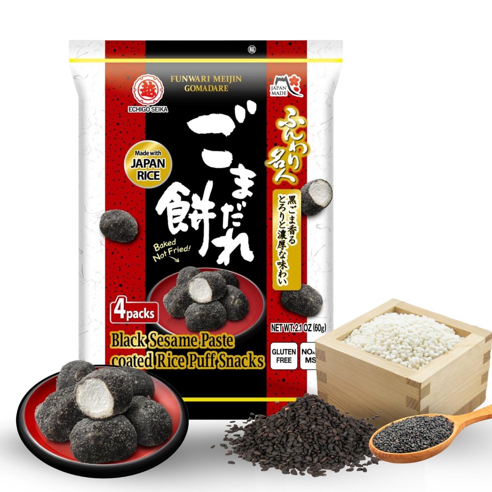 Rice Puff Snack Funwari Meijin Melt-in-Your-Mouth Black Sesame Flavored Rice Snack | 100% Japanese Rice & Kurogoma (1 pack, Black Sesame) | Product of Japan