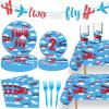 115 Pcs Airplane 2nd Birthday Party Decor Two Fly Paper Plates Napkins Forks Cups Tablecloth Banner Dinnerware for Aviation Theme Boys Boys 2nd Birthday Party Supplies Decorations view 1