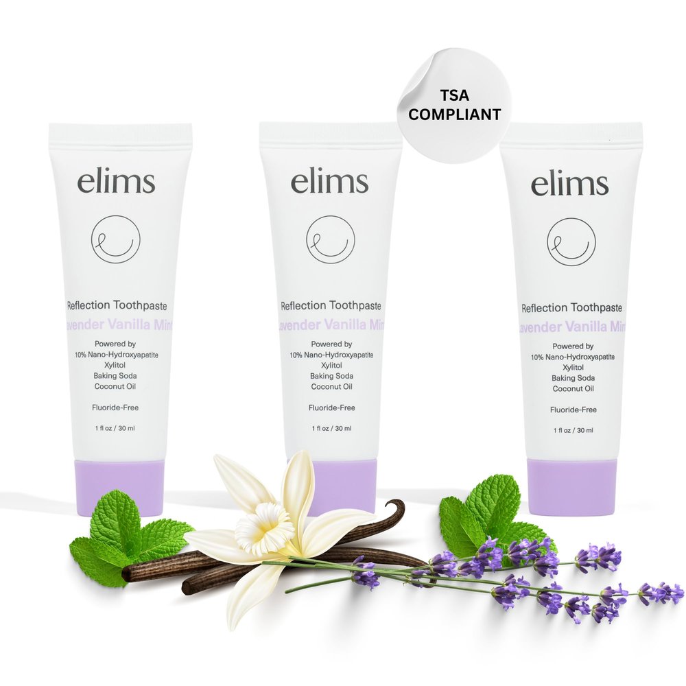 ELIMS Travel Size Nano Hydroxyapatite Toothpaste Fluoride Free (3-Pack) - Xylitol Remineralizing Toothpaste for Whitening Sensitive Teeth - Lavender Vanilla Mint Toothpaste for Adults & Kids 1oz