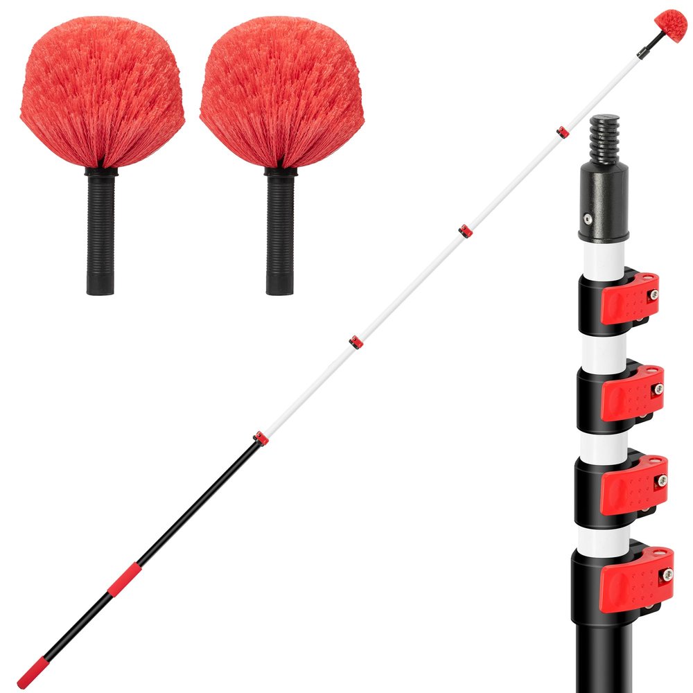 6-24 FT Cobweb Duster with Extension Pole, 30 FT High Reach Spider Web Brush with Telescopic Pole, Extendable Duster with 2 Outdoor Cobweb Brushes, Duster for High Ceiling