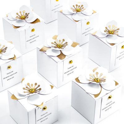 Affrolling 50 Pcs Wedding Favor Boxes with Thanks Card Square Flower Candy Boxes Paper Bridal Gift Box for Guests Wedding Bridal Shower Birthday Party Anniversary(White)