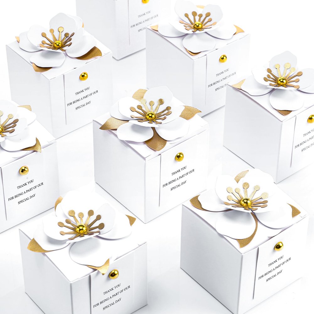 Affrolling 50 Pcs Wedding Favor Boxes with Thanks Card Square Flower Candy Boxes Paper Bridal Gift Box for Guests Wedding Bridal Shower Birthday Party Anniversary(White)