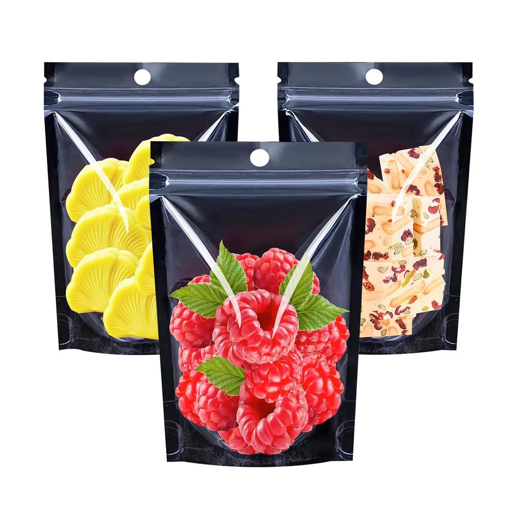100PCS Resealable Mylar Food Storage Bags,Black Smell Proof Foil Bags with Clear Front Window,7x10 Inch Stand Up Pouches Reusable Bag for Small Business,Coffee,Party Favors,Cookies.