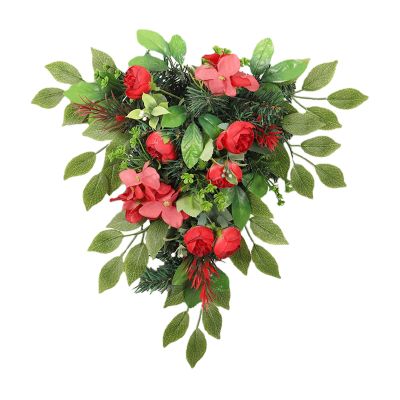 Artificial Flowers Teardrop Wreath Red Tea Bud Hydrangea Spring Teardrop Swag Upside Down Tree PVC Green Plant Door Hanging Floral Swag Wreath for Home(#1)