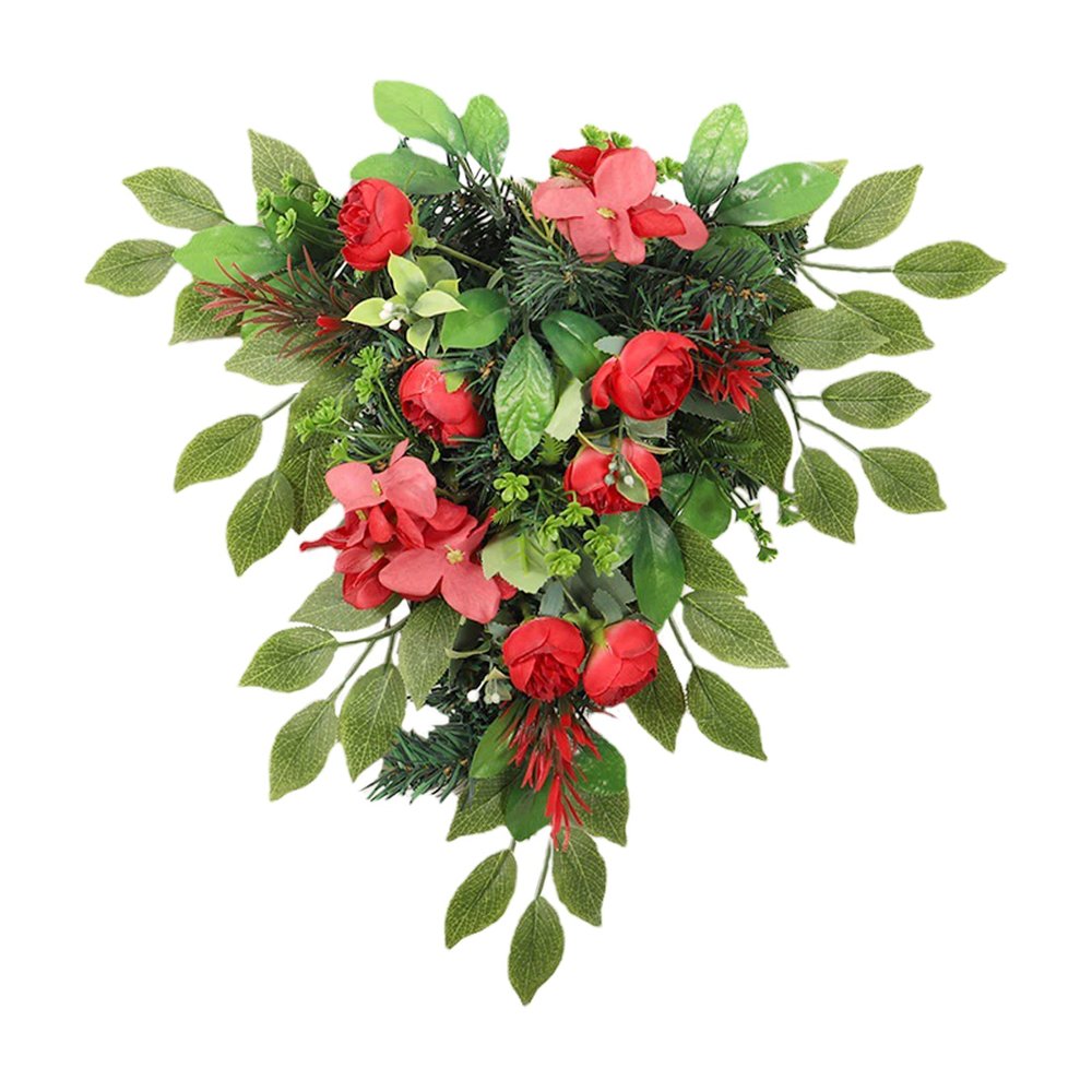 Artificial Flowers Teardrop Wreath Red Tea Bud Hydrangea Spring Teardrop Swag Upside Down Tree PVC Green Plant Door Hanging Floral Swag Wreath for Home(#1)
