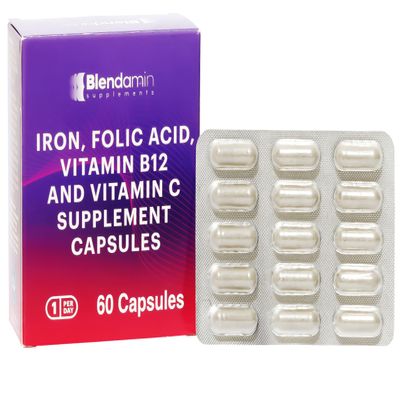 Blendamin Iron Ferrous Bisglycinate with Vitamins B12 Cyanocobalamin, Folic Acid, Vitamin C, Red Cells Formation, Blood & Immunity Health 60 Capsules