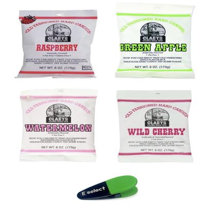 Claeys Old Fashioned Hard Candies - Premium 4-Pack Bundle, 6 Ounce Packages - Authentic Raspberry, Cherry, Watermelon, Green Apple Flavors with Eselect Bag Clip for Freshness Preservation