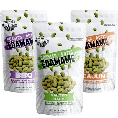 Far Field - Crunchy Roasted Edamame Beans, ( Salted, BBQ, Cajun ), High Protein Snack packed with 42 g of Plant Protein per Bag, Keto Friendly with Low Carb, Low Calorie Healthy Snacks For Adults and Kids, 3 Bags (Variety 3 pack)