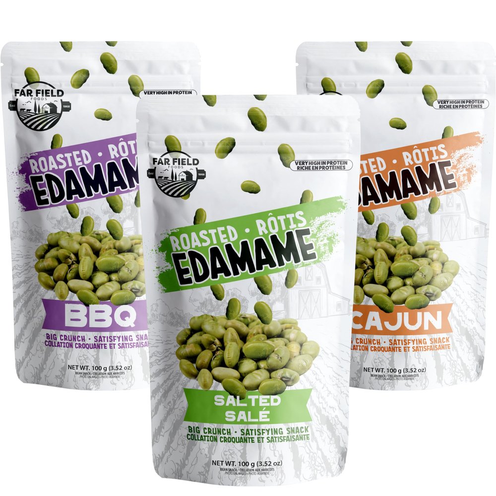 Far Field - Crunchy Roasted Edamame Beans, ( Salted, BBQ, Cajun ), High Protein Snack packed with 42 g of Plant Protein per Bag, Keto Friendly with Low Carb, Low Calorie Healthy Snacks For Adults and Kids, 3 Bags (Variety 3 pack)