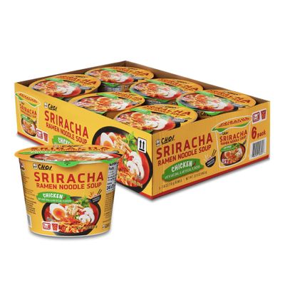 CHOI Sriracha Ramen Noodle Soup, Chicken Flavored - Microwavable Bowl, 3.8 oz. (110g), 6-Pack
