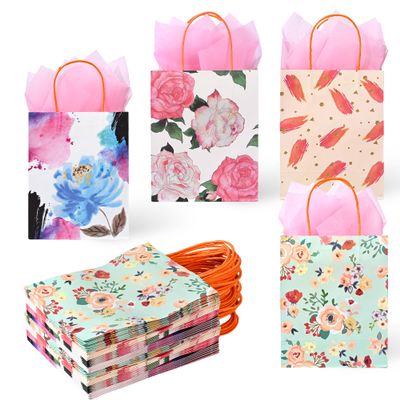 36 Pack Medium Sized Floral Gift Bags with Pink Tissue Paper for Baby Showers, Bridal Showers, Weddings, Mother's Day, Valentines, Birthday Favors, Boutiques, 10x8x4 Inch (4 Assorted Designs)