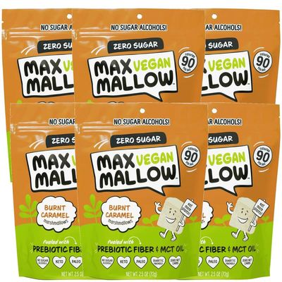 Max Mallow Vegan Sugar Free Marshmallows - Keto Friendly, Perfect for S'mores, Hot Chocolate, and Baking Zero Sugar, Marshmellows Vegan Marshmallows Smores Mct Oil Zero Sugar Burnt Caramel 6 Pack
