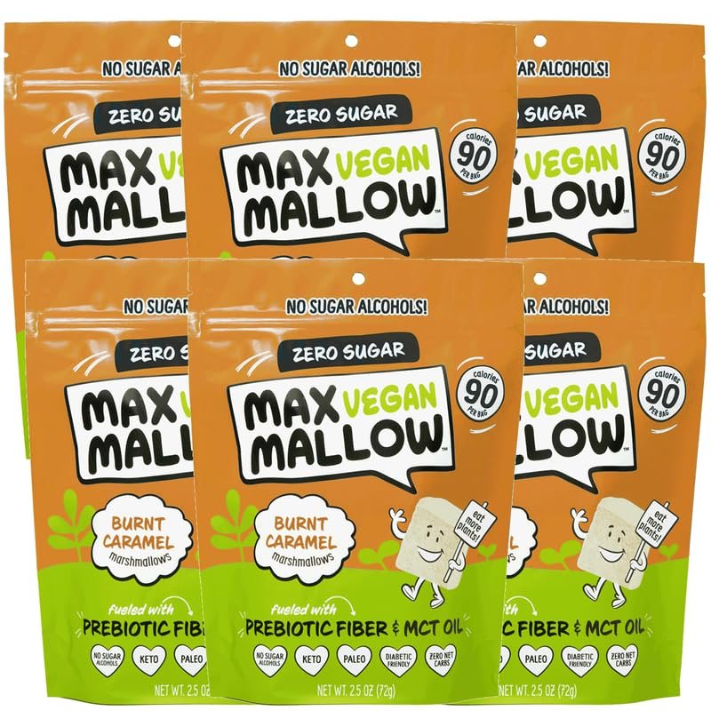 Max Mallow Vegan Sugar Free Marshmallows - Keto Friendly, Perfect for S'mores, Hot Chocolate, and Baking Zero Sugar, Marshmellows Vegan Marshmallows Smores Mct Oil Zero Sugar Burnt Caramel 6 Pack