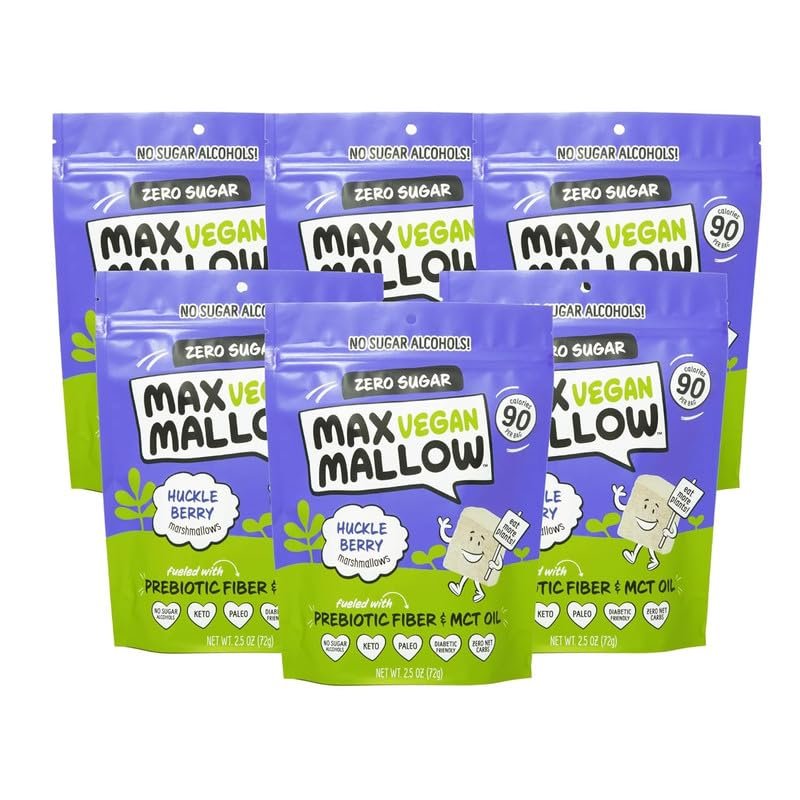 Max Mallow Vegan Sugar Free Marshmallows - Keto Friendly, Perfect for S'mores, Hot Chocolate, and Baking Zero Sugar, Marshmellows Vegan Marshmallows Smores Mct Oil Zero Sugar Huckle Berry 6 Pack Vegan