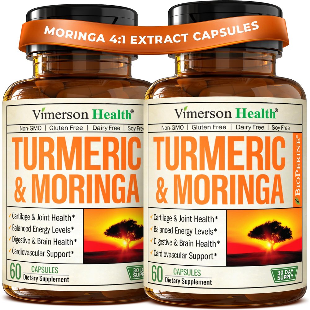Moringa Turmeric Supplement for Joint Health, Gut Health, Energy and Immune Support  Total Wellness Formula with Tumeric Moringa Pure Capsules  Turmeric Curcumin with Black Pepper  60 Count 2 Pack