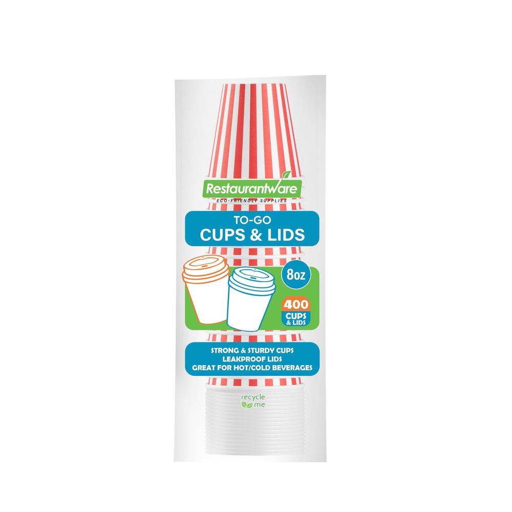 8 Ounce Disposable Coffee Cups With Lids, 400 Hot Cups With Lids - Sleeves Sold Separately, Single Wall, Red And White Stripe Paper Coffee Cups, For All Kinds Of Beverages - Restaurantware
