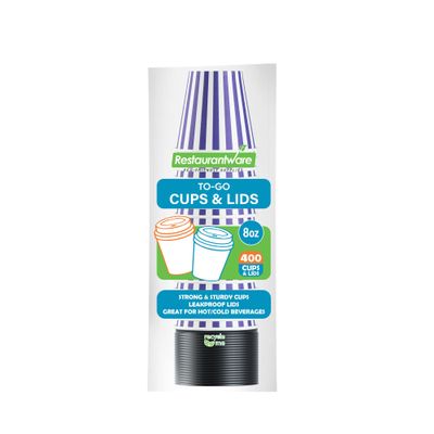 8 Ounce Disposable Coffee Cups With Lids, 400 Hot Cups With Lids - Sleeves Sold Separately, Single Wall, Purple And White Stripe Paper Coffee Cups, For All Kinds Of Beverages - Restaurantware