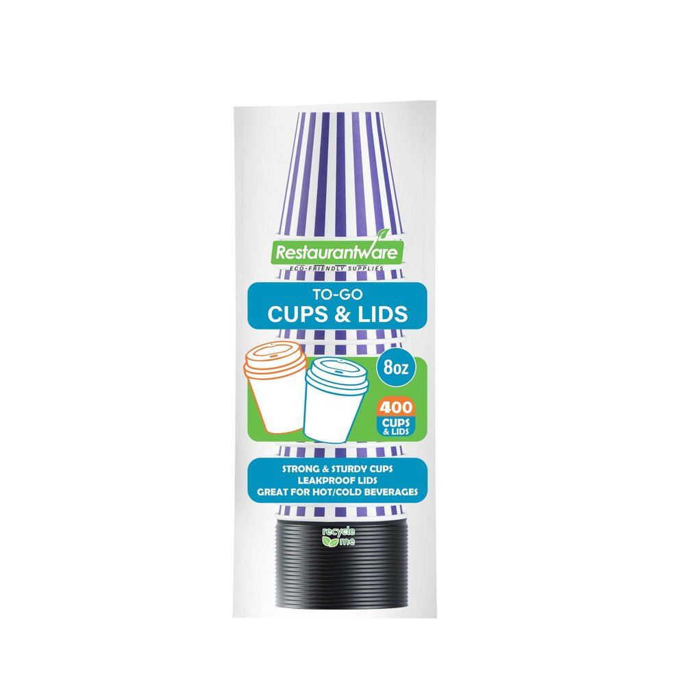 8 Ounce Disposable Coffee Cups With Lids, 400 Hot Cups With Lids - Sleeves Sold Separately, Single Wall, Purple And White Stripe Paper Coffee Cups, For All Kinds Of Beverages - Restaurantware