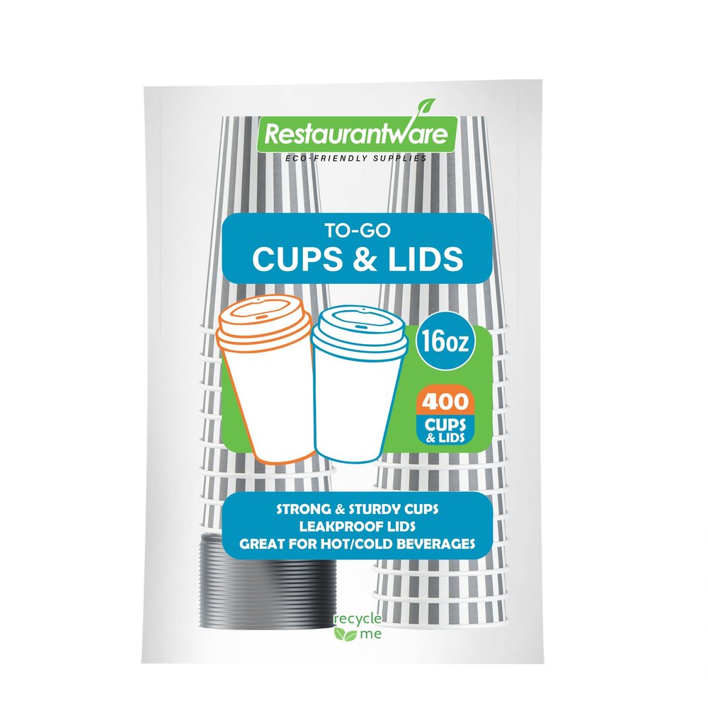 16 Ounce Disposable Coffee Cups With Lids, 400 Hot Cups With Lids - Sleeves Sold Separately, Single Wall, Gray And White Stripe Paper Coffee Cups, For All Kinds Of Beverages - Restaurantware