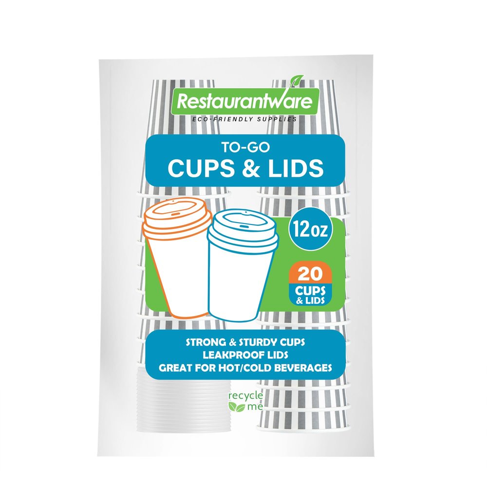 12 Ounce Disposable Coffee Cups With Lids, 20 Hot Cups With Lids - Sleeves Sold Separately, Single Wall, Gray And White Stripe Paper Coffee Cups, For All Kinds Of Beverages - Restaurantware