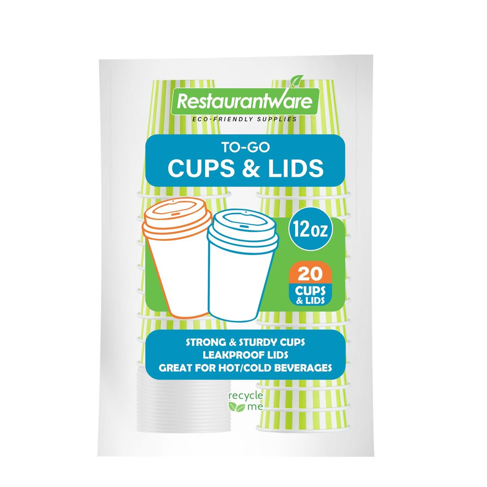12 Ounce Disposable Coffee Cups With Lids, 20 Hot Cups With Lids - Sleeves Sold Separately, Single Wall, Green And White Stripe Paper Coffee Cups, For All Kinds Of Beverages - Restaurantware