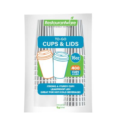 16 Ounce Disposable Coffee Cups With Lids, 400 Hot Cups With Lids - Sleeves Sold Separately, Single Wall, Gray And White Stripe Paper Coffee Cups, For All Kinds Of Beverages - Restaurantware