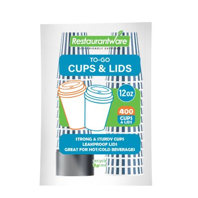 12 Ounce Disposable Coffee Cups With Lids, 400 Hot Cups With Lids - Sleeves Sold Separately, Single Wall, Blue And White Stripe Paper Coffee Cups, For All Kinds Of Beverages - Restaurantware