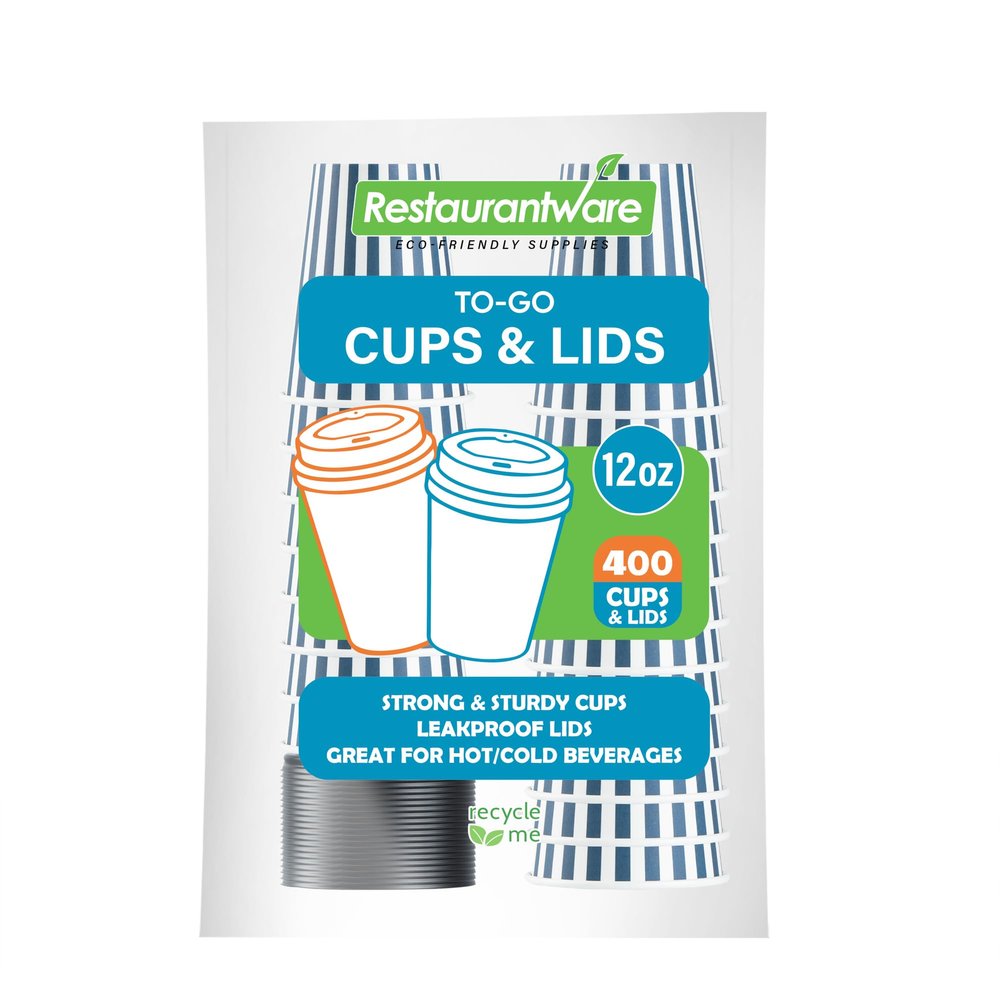 12 Ounce Disposable Coffee Cups With Lids, 400 Hot Cups With Lids - Sleeves Sold Separately, Single Wall, Blue And White Stripe Paper Coffee Cups, For All Kinds Of Beverages - Restaurantware